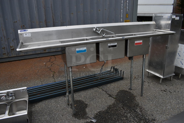 Stainless Steel Commercial 3 Bay Sink w/ Dual Drainboards, Faucet, Handles. 105x24x56. Bay 18x18x12. Drainboards 22x20x1 - Image 2 of 6