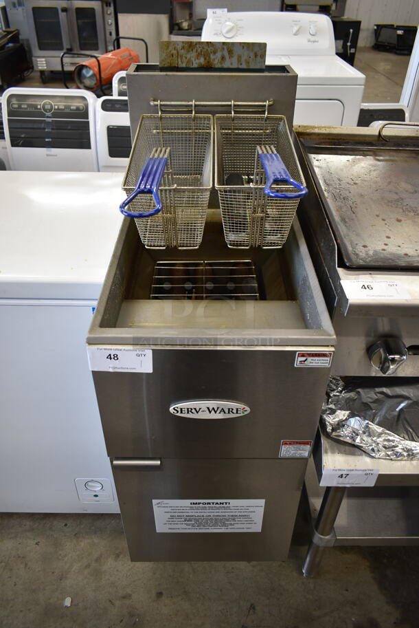 2022 Serv-Ware SGF-40L Stainless Steel Commercial Floor Style Propane Gas Powered Deep Fat Fryer w/ 2 Metal Fry Baskets. 90,000 BTU.