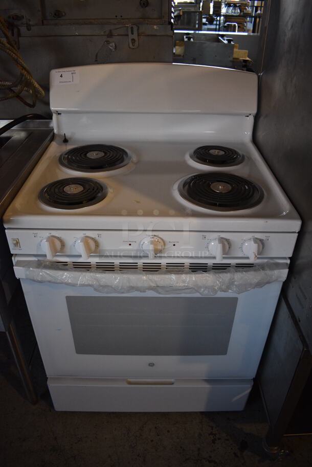 General Electric Model J BS460D M2WW Metal Electric Powered 4 Burner Range w/ Oven. 120/240 Volts, 1 Phase. 30x27x48