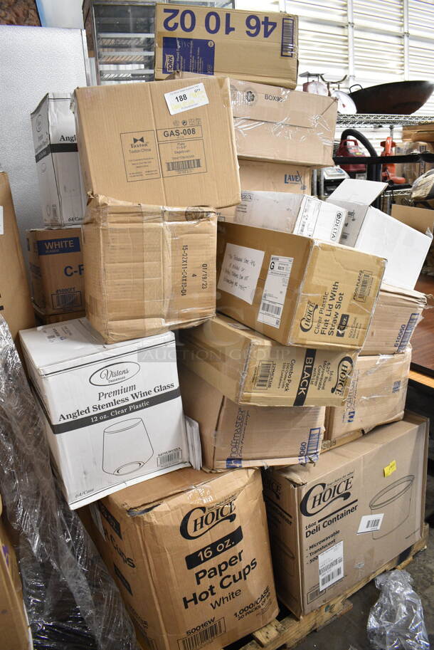 PALLET LOT of 25 BRAND NEW Boxes Including 500CFT Lavex White C-Fold Standard Weight Towel - 2400/Case, 347SLWG12A Visions 12 oz. Heavy Weight Clear Plastic Stemless Angled Wine Glass - 64/Case, Tuxton GAS-008 TuxTrendz Artisan Sagebrush 11 5/8" China Plate - 12/Case, 50016W Choice 16 oz. White Poly Paper Hot Cup - 1000/Case, 129MCR16B Choice 16 oz. Black 6 1/4" Round Microwavable Heavy Weight Container with Lid - 150/Case, 500LFLAT42 Choice Clear Plastic Flat Lid with Straw Slot 42 oz. - 500/Case, 127RD168 Choice Deli Container, Delta Faucet 27C4842 Deck Mount Lavatory Faucet with 1.5 GPM Aerator, Hooded Blade Handles, and CER-TECK Cartridges, 4790005T Stolzle Assorted Specialty 5.75 oz. Nick and Nora Glass - 6/Pack, 127RD16BULK Choice 16 oz. Customizable Microwavable Translucent Round Deli Container - 500/Case, 461002 Tork Dispenser, 128HD8COMBO ChoiceHD 8 oz. Microwavable Translucent Plastic Deli Container and Lid Combo Pack - 240/Case, 128HD8BULK ChoiceHD 8 oz. Microwavable Translucent Plastic Deli Container - 480/Case. 25 Times Your Bid!  - Image 1 of 12