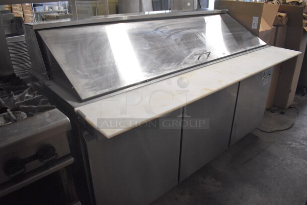 Avantco 178SCLM3 Stainless Steel Commercial Sandwich Salad Prep Table Bain Marie Mega Top on Commercial Casters. 115 Volts, 1 Phase. 70.5x37x47. Tested and Powers On But Temps at 46 Degrees