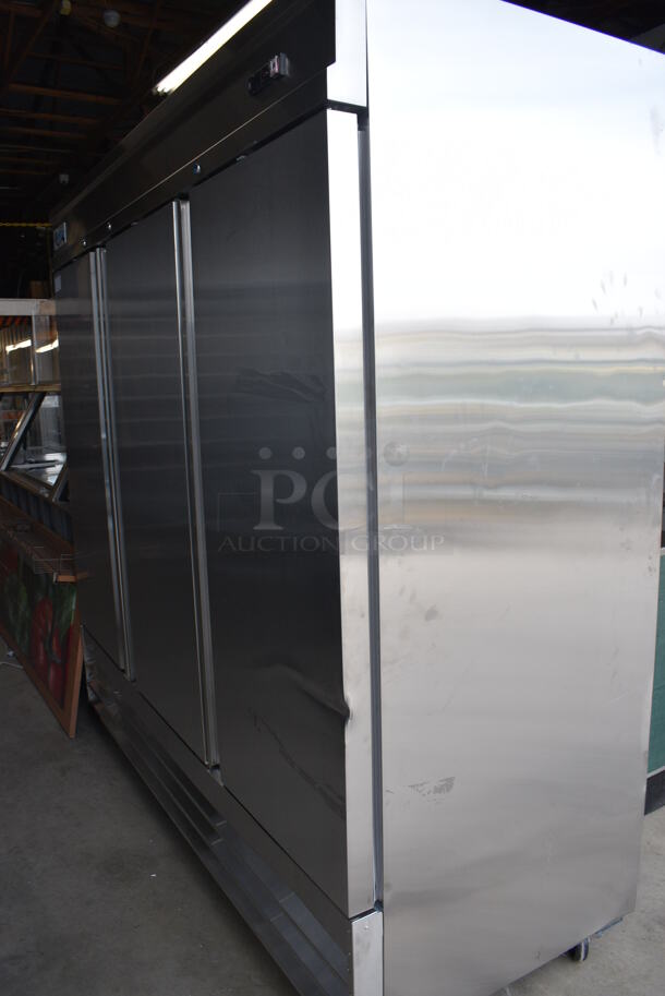 BRAND NEW SCRATCH AND DENT! Avantco Model 178SS3RHC Stainless Steel Commercial Three Door Reach In Cooler w/ Poly Coated Racks on Commercial Casters. 115 Volts, 1 Phase. 81x32x82.5. Tested and Working! - Image 10 of 10