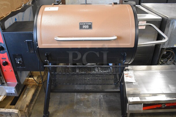Backyard Pro PL2030 Metal Floor Style Outdoor Portable Wood-Fire Pellet Grill and Smoker Grill on Commercial Casters. Used a Few Times at Trade Show. 54x24x45. Tested and Working!