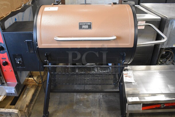 Backyard Pro PL2030 Metal Floor Style Outdoor Portable Wood-Fire Pellet Grill and Smoker Grill on Commercial Casters. Used a Few Times at Trade Show. 54x24x45. Tested and Working! - Image 1 of 10