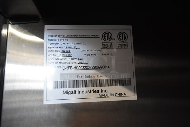 2020 Migali C-3FB-HC Stainless Steel Commercial 3 Door Reach In Freezer w/ Poly Coated Racks on Commercial Casters. 115/208-240 Volts, 1 Phase. Tested and Working! - Image 5 of 9