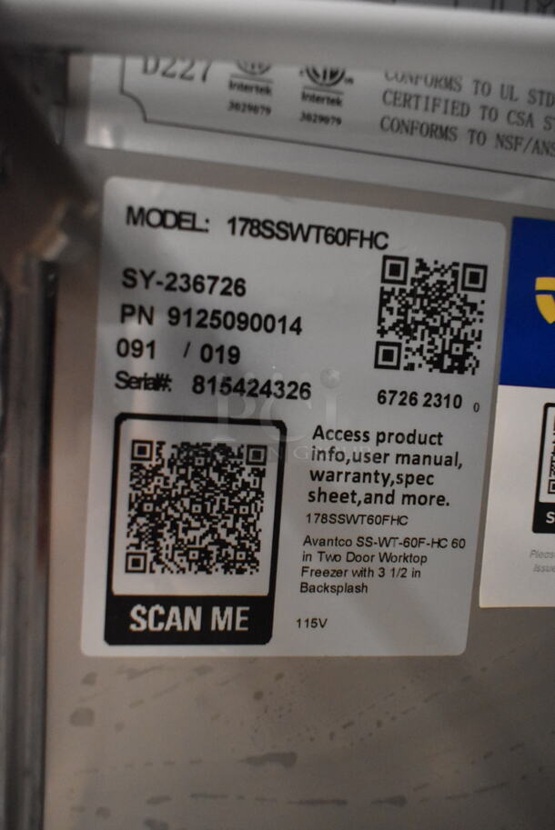 BRAND NEW SCRATCH AND DENT! 2023 Avantco 178SSWT60FHC Stainless Steel Commercial 2 Door Work Top Freezer on Commercial Casters. Right Door Does Not Stay Closed. 115 Volts, 1 Phase. Tested and Working! - Image 7 of 7