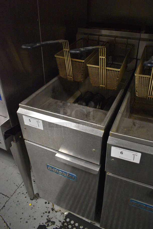 Imperial IFS-40 Stainless Steel Commercial Floor Style Natural Gas Powered Deep Fat Fryer w/ 2 Metal Fry Baskets. 105,000 BTU. 15.5x31x47. BUYER MUST REMOVE. Item Was in Working Condition on Last Day of Business. (kitchen) - Image 3 of 6