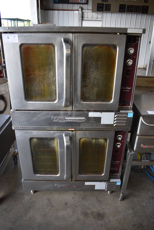 2 Southbend SilverStar Stainless Steel Commercial Natural Gas Powered Full Size Convection Ovens w/ View Through Doors, Metal Oven Racks and Thermostatic Controls. 38x35x64.5. 2 Times Your Bid!