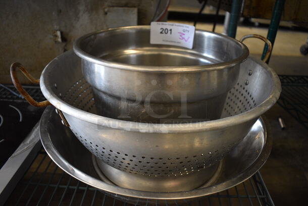3 Various Metal Items; Bin, Colander and Bowl. Includes 11.5x11.5x8.5. 3 Times Your Bid!