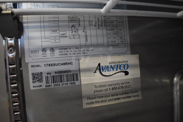 Avantco 178SSUC48RHC Stainless Steel Commercial 2 Door Undercounter Cooler on Commercial Casters. 115 Volts, 1 Phase. Unit Was Only Used a Few Times as a Demonstration at a Trade Show. 47.5x29.5x35.5. Tested and Working! - Image 6 of 7
