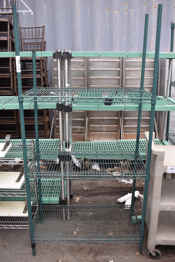 Green Finish 3 Tier Wire Shelving Unit. BUYER MUST DISMANTLE. PCI CANNOT DISMANTLE FOR SHIPPING. PLEASE CONSIDER FREIGHT CHARGES. 