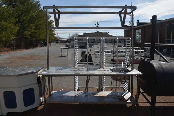 Stainless Steel Commercial Table w/ Sink Bay, Faucet, Handles, Mounted Commercial Can Opener, Pot Rack and Under Shelf. 84x30x92