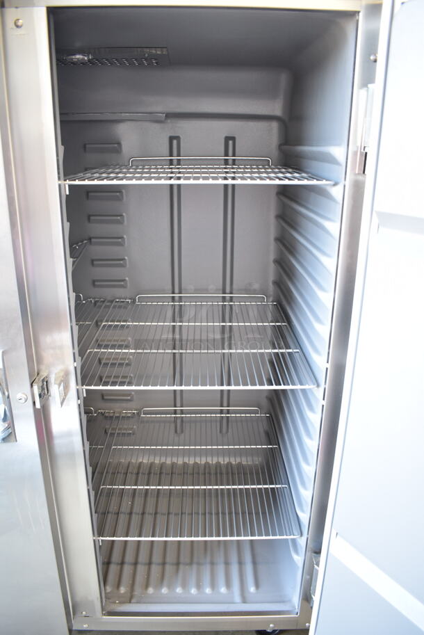 BRAND NEW SCRATCH AND DENT! 2024 Delfield 6051XL-S Stainless Steel Commercial 2 Door Reach In Cooler w/ Racks on Commercial Casters. 115 Volts, 1 Phase. Tested and Working! - Image 5 of 7