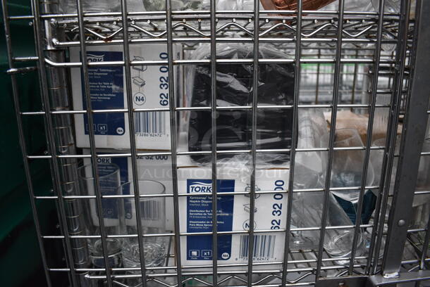 ALL ONE MONEY! Lot of Chrome Finish 5 Tier Shelving Unit on Commercial Casters w/ Liquor Cage and All Contents Including Glasses, White Ceramic Plates. BUYER MUST DISMANTLE. PCI CANNOT DISMANTLE FOR SHIPPING. PLEASE CONSIDER FREIGHT CHARGES. 38x25x68 - Image 6 of 10