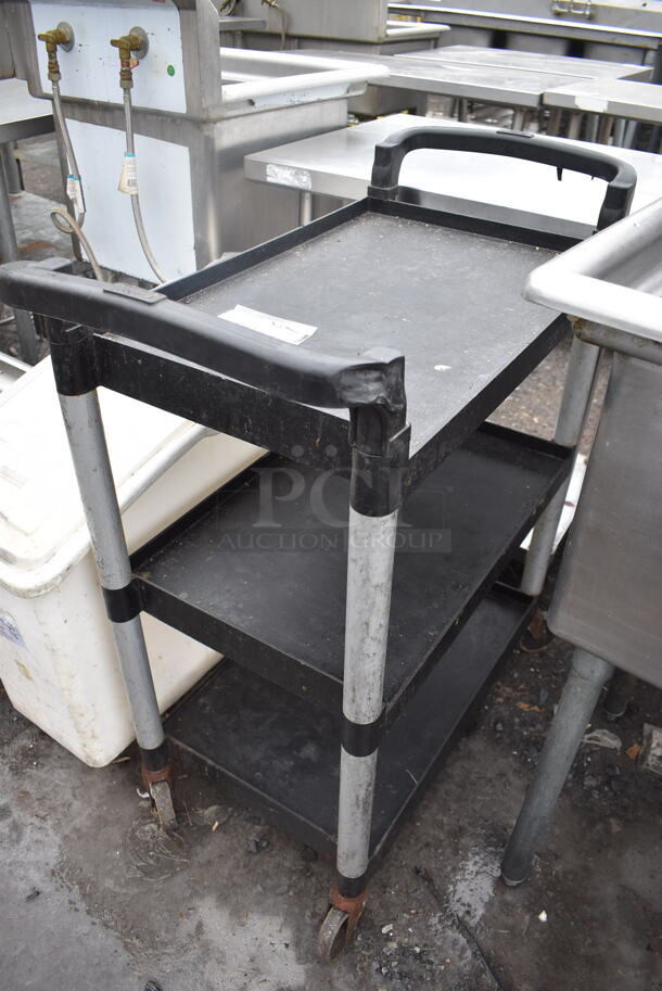 Black and Gray Poly 3 Tier Cart w/ 2 Push Handles on Commercial Casters. 16x33x39