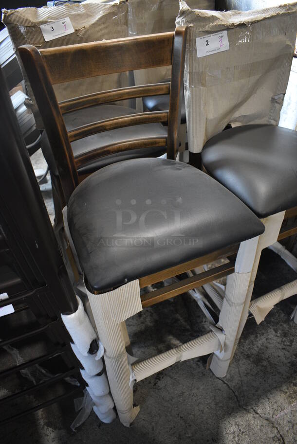 4 BRAND NEW SCRATCH AND DENT! Lancaster Table & Seating Wooden Bar Height Chair with Vintage Ladder Back and Black Padded Seat. 17x17x44. 4 Times Your Bid! - Image 3 of 8
