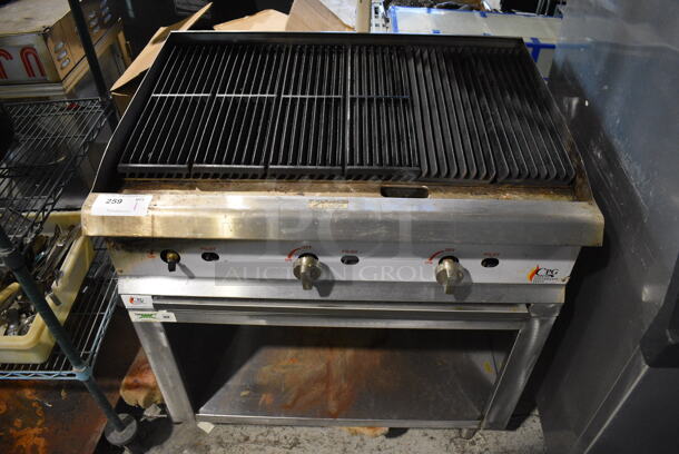 CPG Stainless Steel Commercial Natural Gas Powered Charbroiler Grill on Stainless Steel Equipment Stand. 36x27x41