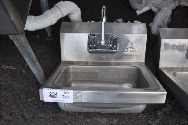 Aero Stainless Steel Commercial Single Bay Wall Mount Sink w/ Faucet and Handles. 17x15.5x17.5