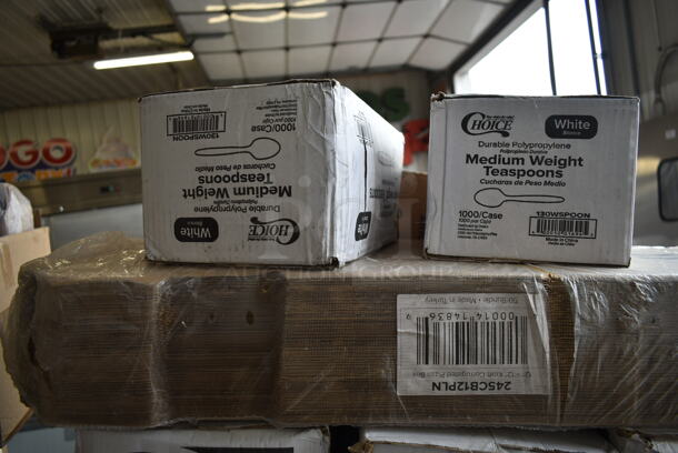 PALLET LOT of 35 BRAND NEW Boxes Including 2 Box 130WSPOON Choice Medium Weight White Plastic Teaspoon - 1000/Case, 245CB12PLN Choice 12" x 12" x 2" Kraft Customizable Corrugated Plain Pizza Box - 50/Case, 3 Box 130HSBK1M Visions Black Heavy Weight Plastic Teaspoon - Case of 1000, 394385L Noble Products White Powder-Free Disposable Latex Gloves for Foodservice - Large - 1000/Case, 127RD8COMBO Choice 8 oz. Customizable Microwavable Clear Round Deli Container and Lid Combo Pack - 250/Case, 127P400C Choice Clear Plastic Souffle Cup, 3 Box Choice 4 oz Portion Cups, 500CC12 12 oz. Plastic Cold Cup - 1000/Case, 3 Box Cambro 30HPD150 1/3 Size Amber High Heat Drain Tray, Noble X Large Gloves, 130HBKCUTFW Visions Individually Wrapped Black Heavy Weight Plastic Fork - 1000/Case. 35 Times Your Bid! - Image 2 of 9