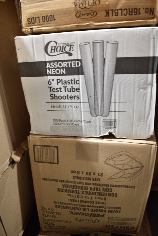 PALLET LOT of 20 BRAND NEW Boxes Including Moist Towelette, 2 Box 966TALLFLDN Choice Kraft Natural Tall-Fold 6" x 13" Dispenser Napkin - 8000/Case, 347RPBD10WHS Visions 10" White Plastic Plate with Silver Bands - 120/Case, 500TW7 Choice 7 oz. Translucent Thin Wall Plastic Cold Cup - 2500/Case, 2 Box 127RD16BULK Choice 16 oz. Customizable Microwavable Translucent Round Deli Container - 500/Case, 50012DWPLAKR EcoChoice 12 oz. Smooth Double Wall Kraft Compostable Paper Hot Cup - 500/Case, 2 Box 966UPWIDEB OneUp by Choice White 1-Ply Wide Interfold 6 1/2" x 8 1/2" Dispenser Napkin - 6000/Case, Choice 5 5/8" Crystal Clear Plastic Test Tube Shot / Shooter - 1000/Case, Dart 85HT3R 8" x 8" x 3" White Foam Three-Compartment Square Take Out Container with Perforated Hinged Lid - 200/Case, 347TCL9 Choice 9 oz. Clear Disposable Plastic Tumbler - 500/Case, 16RCLBLK Dart Optima Black Travel Lid. 20 Times Your Bid!  - Image 11 of 12
