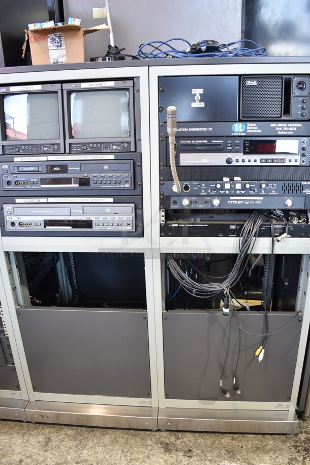 Television Production Station w/ Acer x193w Monitor, Planar PL1700 Monitor, 6 JVC TM-1011 Monitors, 2 JVC SR-DVM600 DVD/HDD/DVD Recorder, Pansonic AG-DV2500 Digital Video Recorder, JVC SR-MV45 VHS/DVD Recorder, Extron VSC500 Video Scan Converter, Extron DA2 RGBHV Wideband RGB Distribution Amplifier, 2 Panasonic AW-RC600 Remote Control Rack Units, Anchor Speaker, Tascam CD-RW900SL Slot Loading CD Recorder Rack Unit, Crown D-45 Power Amplifier Rack Unit, Clear Com MS-702 2 Channel Main Station Rack Unit, Drake VM2050 T Channel Video Modulator. - Image 3 of 12