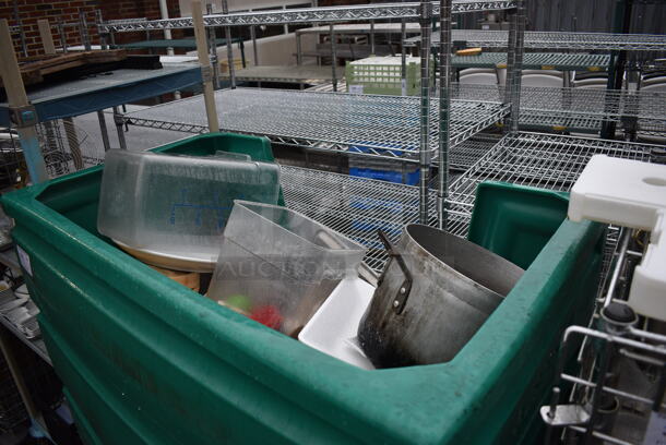 Green Poly Portable Bin on Commercial Casters w/ Contents Including Stock Pot and Poly Bins. 48x26x65 - Image 5 of 9