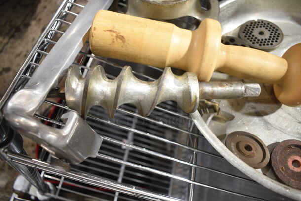 ALL ONE MONEY! Lot of Meat Grinder Attachment Pieces Including Tray, Pusher, Plates, Auger.  - Image 3 of 7