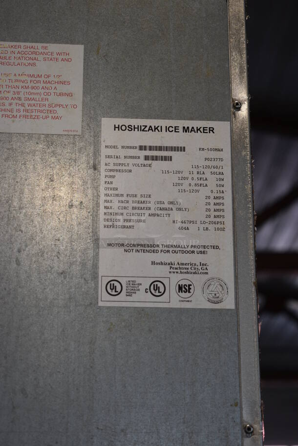Hoshizaki Model KM-500MAH Stainless Steel Commercial Ice Machine Head on Metal Commercial Ice Bin and Equipment Stand. 115-120 Volts, 1 Phase. 23x33x71, 37x24x25 - Image 7 of 8