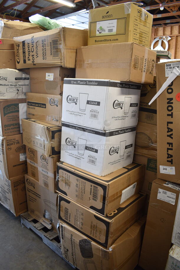 PALLET LOT of 28 BRAND NEW Boxes Including 128HD8COMBO ChoiceHD 8 oz. Microwavable Translucent Plastic Deli Container and Lid Combo Pack - 240/Case, 130BKFSNH Visions Heavy Weight Black Wrapped Plastic Cutlery Pack with Napkin - 500/Case, 2 Box 50020W Choice 20 oz. White Poly Paper Hot Cup - 600/Case, JE0111 Coconut Jelly, 3 Box 129MCS28W Choice 28 oz. White 8 3/4" x 6 1/4" x 1 3/4" Rectangular Microwavable Heavy Weight Container with Lid - 150/Case, 4070049 Choice Full Size 4" Deep 24 Gauge Anti-Jam Stainless Steel Steam Table / Hotel Pan, 500TO993Choice 9" x 9" x 3" Microwavable 1-Compartment Black / Clear Plastic Hinged Container - 100/Case, 2 Box 347TCL12 Choice 12 oz. Clear Disposable Plastic Tumbler - 500/Case, 190HCM80WA Hobart Equivalent Stainless Steel Wire Whip for Classic Mixers (80 Qt. Bowls), PanSaver Bags. 28 Times Your Bid! - Image 1 of 12
