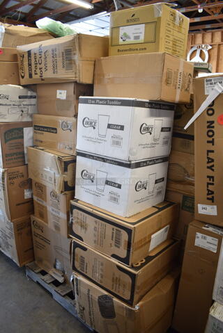 PALLET LOT of 28 BRAND NEW Boxes Including 128HD8COMBO ChoiceHD 8 oz. Microwavable Translucent Plastic Deli Container and Lid Combo Pack - 240/Case, 130BKFSNH Visions Heavy Weight Black Wrapped Plastic Cutlery Pack with Napkin - 500/Case, 2 Box 50020W Choice 20 oz. White Poly Paper Hot Cup - 600/Case, JE0111 Coconut Jelly, 3 Box 129MCS28W Choice 28 oz. White 8 3/4" x 6 1/4" x 1 3/4" Rectangular Microwavable Heavy Weight Container with Lid - 150/Case, 4070049 Choice Full Size 4" Deep 24 Gauge Anti-Jam Stainless Steel Steam Table / Hotel Pan, 500TO993Choice 9" x 9" x 3" Microwavable 1-Compartment Black / Clear Plastic Hinged Container - 100/Case, 2 Box 347TCL12 Choice 12 oz. Clear Disposable Plastic Tumbler - 500/Case, 190HCM80WA Hobart Equivalent Stainless Steel Wire Whip for Classic Mixers (80 Qt. Bowls), PanSaver Bags. 28 Times Your Bid!