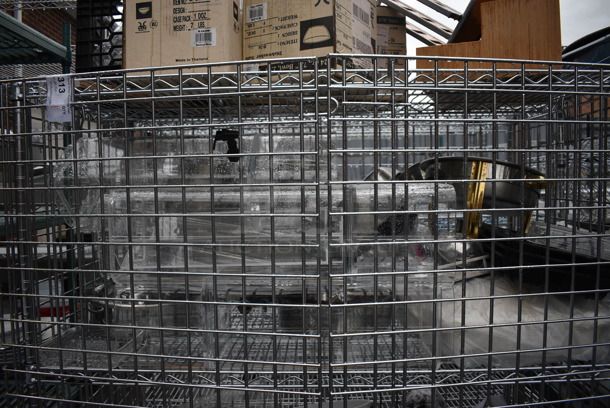 ALL ONE MONEY! Lot of Chrome Finish 3 Tier Shelving Unit on Commercial Casters w/ Liquor Cage and All Contents Including Wooden Box, Chafing Dish, Fake Plant. BUYER MUST DISMANTLE. PCI CANNOT DISMANTLE FOR SHIPPING. PLEASE CONSIDER FREIGHT CHARGES. 50x25x68 - Image 6 of 10