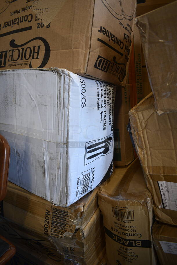 PALLET LOT of 28 BRAND NEW Boxes Including 128HD8COMBO ChoiceHD 8 oz. Microwavable Translucent Plastic Deli Container and Lid Combo Pack - 240/Case, 130BKFSNH Visions Heavy Weight Black Wrapped Plastic Cutlery Pack with Napkin - 500/Case, 2 Box 50020W Choice 20 oz. White Poly Paper Hot Cup - 600/Case, JE0111 Coconut Jelly, 3 Box 129MCS28W Choice 28 oz. White 8 3/4" x 6 1/4" x 1 3/4" Rectangular Microwavable Heavy Weight Container with Lid - 150/Case, 4070049 Choice Full Size 4" Deep 24 Gauge Anti-Jam Stainless Steel Steam Table / Hotel Pan, 500TO993Choice 9" x 9" x 3" Microwavable 1-Compartment Black / Clear Plastic Hinged Container - 100/Case, 2 Box 347TCL12 Choice 12 oz. Clear Disposable Plastic Tumbler - 500/Case, 190HCM80WA Hobart Equivalent Stainless Steel Wire Whip for Classic Mixers (80 Qt. Bowls), PanSaver Bags. 28 Times Your Bid! - Image 3 of 12