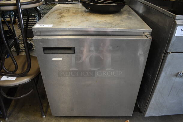 Delfield Model 406CA-DD1 Stainless Steel Commercial Single Door Undercounter Cooler on Commercial Casters. 115 Volts, 1 Phase. 27.5x28x33. Tested and Powers On But Does Not Get Cold