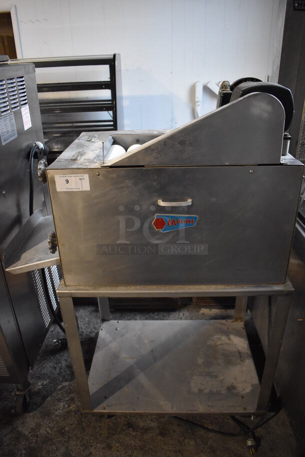 Moline Metal Commercial Floor Style Dough Sheeter w/ Under Shelf on Commercial Casters. 115 Volts, 1 Phase. 40x23.5x54.5. Tested and Working!
