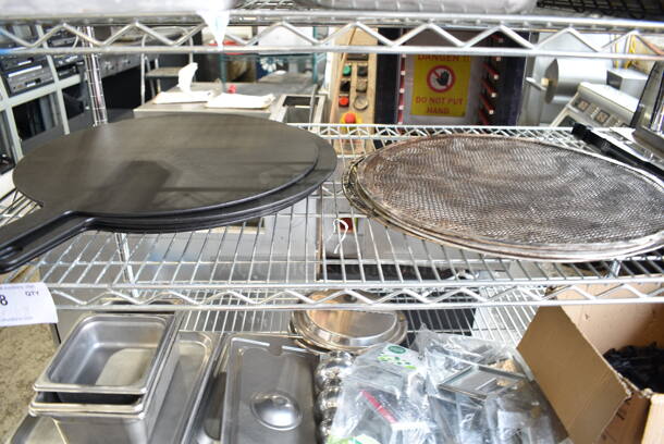 ALL ONE MONEY! Lot of 4 Tiers of Various Items Including Stainless Steel Drop In Bins, Pizza Screens, Stainless Steel Lids. Does Not Include Shelving Unit.  - Image 4 of 12