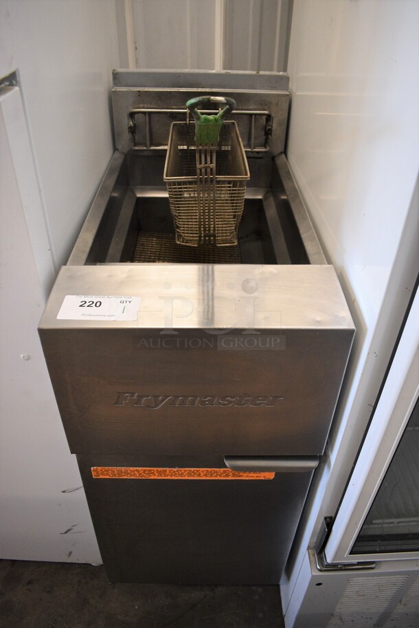 Frymaster GF14SD Stainless Steel Commercial Floor Style Natural Gas Powered Deep Fat Fryer w/ Metal Fry Basket on Commercial Casters. 100,000 BTU. 16x32x43