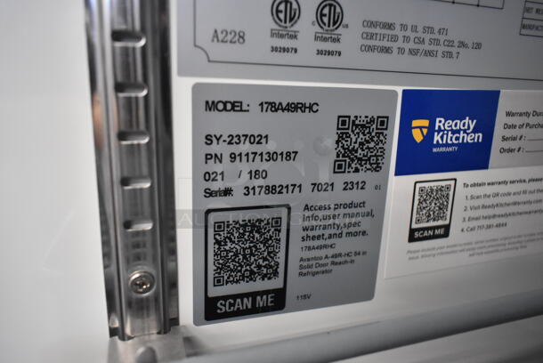 BRAND NEW SCRATCH AND DENT! 2023 Avantco 178A49RHC Stainless Steel Commercial 54" 2 Door Reach In Cooler w/ Poly Coated Racks. 115 Volts, 1 Phase. Tested and Working! - Image 7 of 7