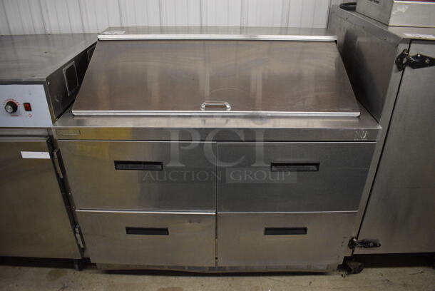 2015 Delfield Model D4448N-18M-A21 Stainless Steel Commercial Sandwich Salad Prep Table Bain Marie w/ 4 Drawers on Commercial Casters. 115 Volts, 1 Phase. 48x32x45. Tested and Working!