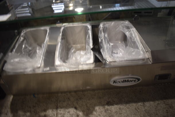 BRAND NEW SCRATCH AND DENT! 2023 KoolMore SCDC-3P-SSL Stainless Steel Commercial Countertop Refrigerated Rail w/ 3 Drop In Bins and Glass Sneeze Guard. 115 Volts, 1 Phase. Tested and Working!
 - Image 4 of 6
