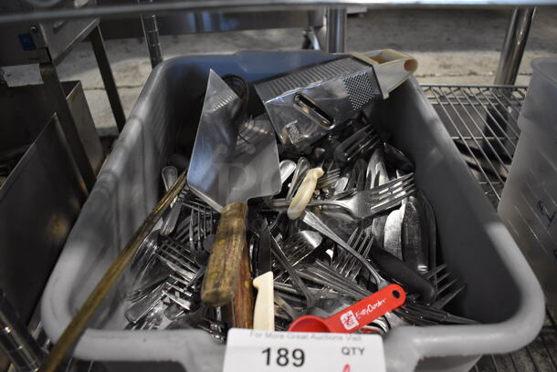 ALL ONE MONEY! Lot of Various Utensils Including Grater and Knives in Gray Poly Bus Bin - Image 2 of 4