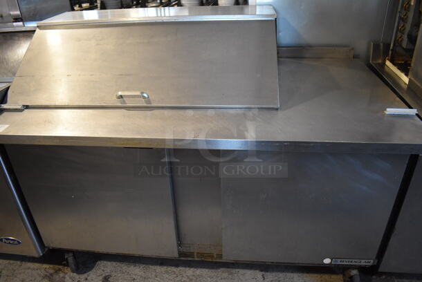 Beverage Air SPE60HC-18M Stainless Steel Commercial Sandwich Salad Prep Table Bain Marie Mega Top on Commercial Casters. 115 Volts, 1 Phase. 60x35x46. Tested and Powers On But Temps at 56 Degrees