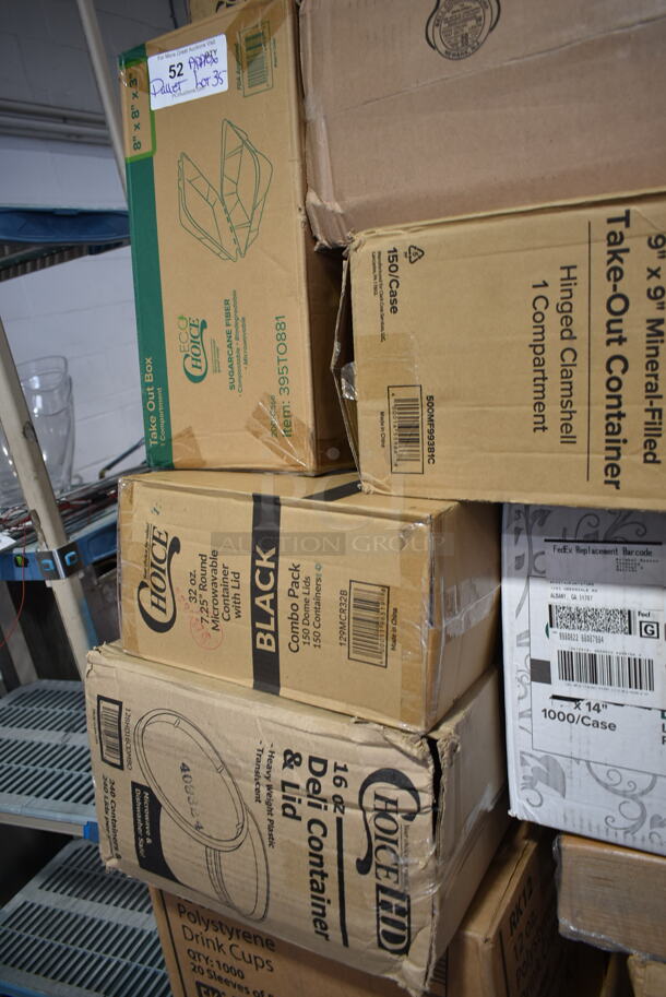 PALLET LOT of 35 BRAND NEW Boxes Including 5005DNAPFLTE Choice Touchstone White Linen-feel Dinner Napkin, 128HD8COMBO Choice Microwavable Translucent Plastic Deli Container and Lid, 2 Box 500L1020B Choice Black Hot Paper Cup Travel Lid, 485COLWNEON Choice Neon Wrapped Straw, 245CB12 Choice Customizable Plain Pizza Box, 500MF993B1C Choice 9" x 9" 1-Compartment Microwaveable Black Mineral-Filled Plastic Hinged Take-Out Container - 150/Case, RK12 Fabri-Kal RK Ribbed Cold Drink Cups, 12oz, Translucent, 50/Sleeve, 20 Sleeves/Carton, 2 Box 760V32 Carnival King 32 oz. Popcorn Cup - 500/Case, 760VP64 Carnival King Popcorn Bucket, Kari-out Company Japanese style Bamboo Chopsticks. 35 Times Your Bid! - Image 7 of 12