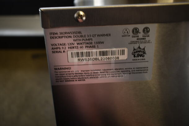 BRAND NEW SCRATCH AND DENT! Carnival King 382RWS35DBL Stainless Steel Commercial Countertop Double 3.5 Qt. Well Food Warmer w/ 1 Pump. 120 Volts, 1 Phase. Tested and Working! - Image 2 of 2