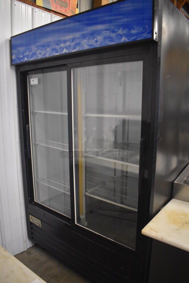 Avantco 178GDS47 Metal Commercial 2 Door Reach In Cooler Merchandiser w/ Poly Coated Racks on Commercial Casters. 115 Volts, 1 Phase. 52x32x84. Tested and Working! - Image 1 of 4