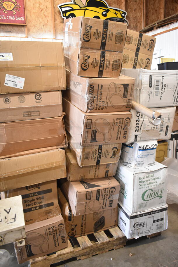 PALLET LOT of 38 BRAND NEW Boxes Including 2 Box 164CUSHWGGN Lancaster Table & Seating Spartan Series 2 1/2" Burgundy Vinyl Padded Seat for Chair and Barstool, 500COLLAR8BR EcoChoice 8 oz. Kraft Coffee Cup Sleeve / Jacket / Clutch - 1200/Case, 795PTOKFT8 Microwavable Folded Paper #8 Take-Out Container 6" x 4 5/8" x 2 1/2", 500L1020B Choice Black Paper Cup Lids, 760SOUP16WPA Choice 16 oz. White Double Poly-Coated Paper Food Cup with Vented Paper Lid - 250/Case, 2 Box 129MCR16B Choice 16 oz. Black 6 1/4" Round Microwavable Heavy Weight Container with Lid - 10/Pack, 2 Box Fineline Flairware 2312-CL 12 oz. Plastic Margarita with Clear Base - 144/Case, 5080-BK Fineline 5080-BK Super Bowl 80 oz. Black PET Plastic Bowl - 25/Case, 966TALLFLDN Choice Kraft Natural Tall-Fold 6" x 13" Dispenser Napkin - 8000/Case, 347TCL10 Choice 10 oz. Clear Disposable Plastic Tumbler - 500/Case. 38 Times Your Bid! - Image 1 of 8