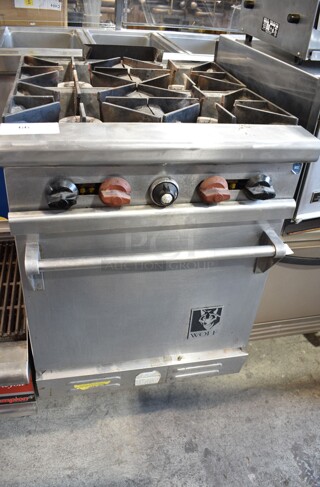 Wolf 2PS-2 Stainless Steel Commercial Natural Gas Powered 4 Burner Range w/ Oven on Commercial Casters. 