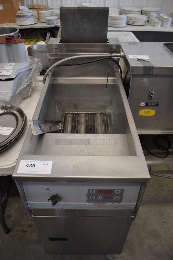 Pitco Frialator Model PG14D Stainless Steel Commercial Floor Style Propane Gas Powered Deep Fat Fryer on Commercial Casters. 77,500 BTU. 16x37x49