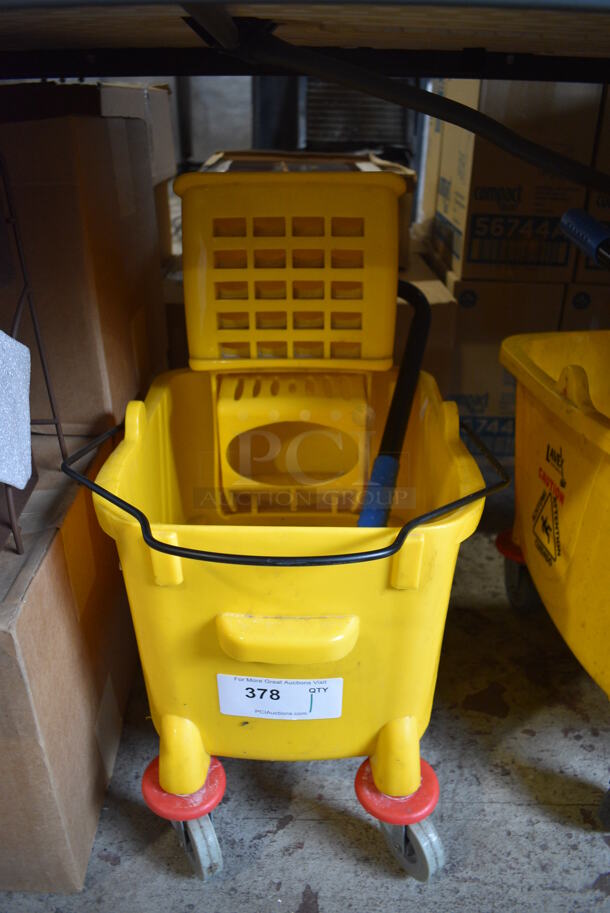Yellow Poly Mop Bucket w/ Wringing Attachment on Commercial Casters. 13x22x25