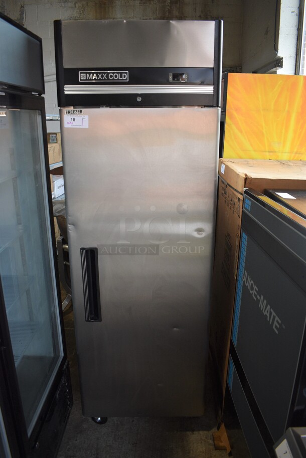 BRAND NEW SCRATCH AND DENT! 2020 Maxx Cold Model MXCF-23FDHC Stainless Steel Commercial Single Door Reach In Freezer w/ Poly Coated Racks on Commercial Casters. 115 Volts, 1 Phase. 27x30x83. Tested and Powers On But Temps at 57 Degrees