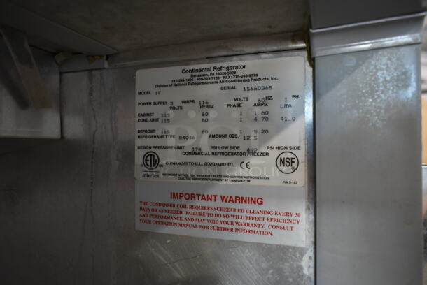 2016 Continental 1F Stainless Steel Commercial Single Door Reach In Freezer on Commercial Casters. 115 Volts, 1 Phase. Tested and Working! - Image 8 of 8